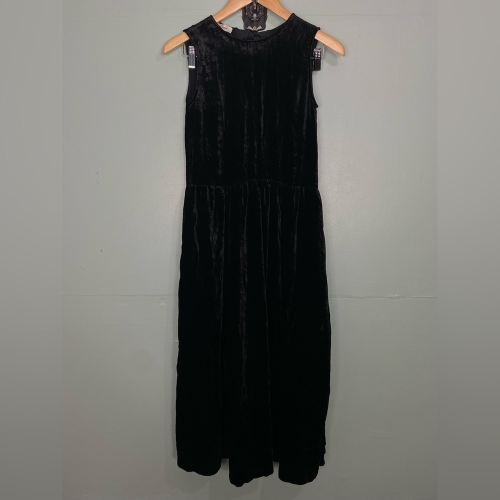 Gentle Herd Midi Velvet Silk Blend Dress Black Sleeveless Sz S‎